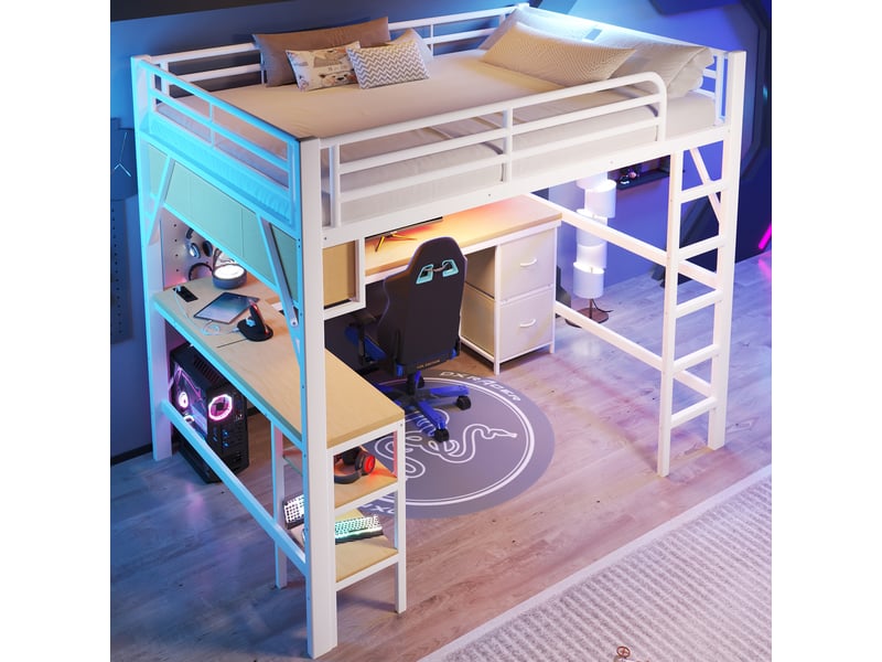 Lit mezzanine gamer 140 x 200 cm, métal, bibliothèque, bureau, armoire, usb, led, blanc - Conforama C