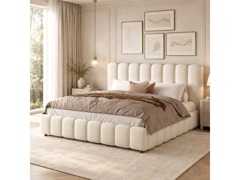 Lit adulte 160 × 200 cm, avec sommier et tête de lit, en velours, beige - Conforama D