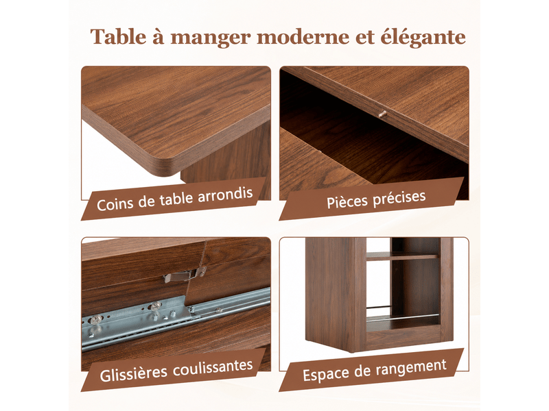  Table à manger extensible - plateau mdf noyer - rangement intégré - rails métal silencieux - coins arrondis - capacité 8 personnes - noyer Bubbly Shop - Conforama E