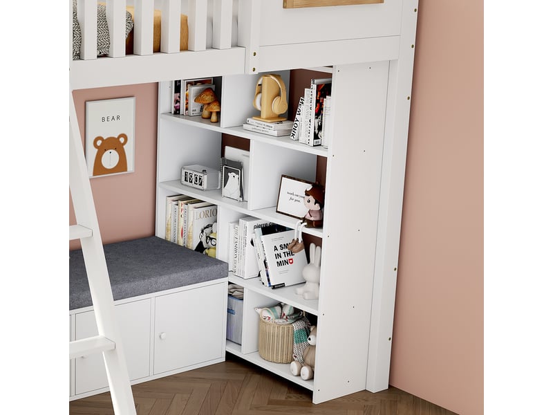  Lit mezzanine enfant 90 x 200 cm avec armoire et banquette, bois blanc et naturel  - Conforama W