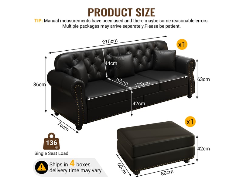  Canapé chesterfield 3 places + 1 pouf en simili cuir noir, 210 cm Fay Lum - Conforama C