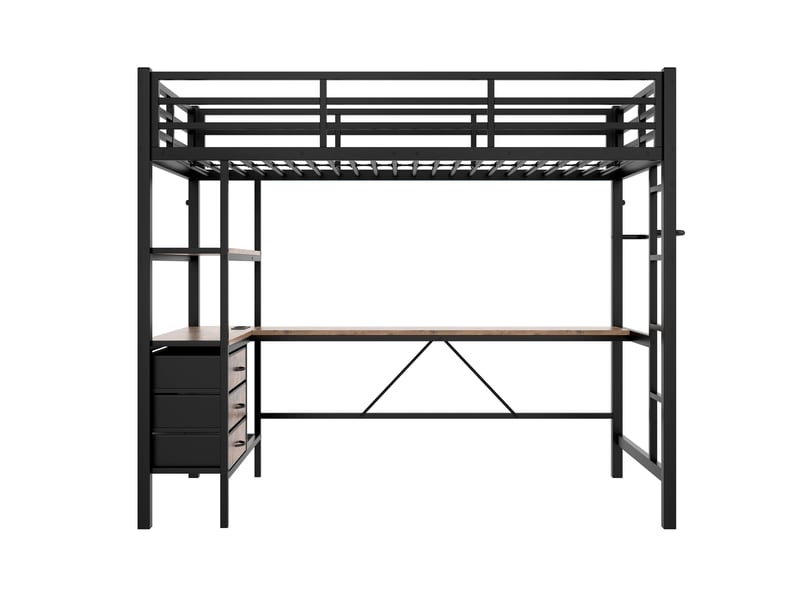  Lit mezzanine enfant 90x200 cm, led, tiroirs, bureau, charge, étagère, sommier, métal noir, sans matelas  - Conforama R