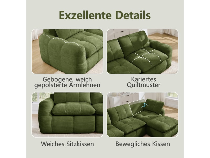 Canapé modulaire 3 places sans cadre ergonomique - lpospi - coussins épais en chenille verte, 264 × 97 × 68 cm  - Conforama E