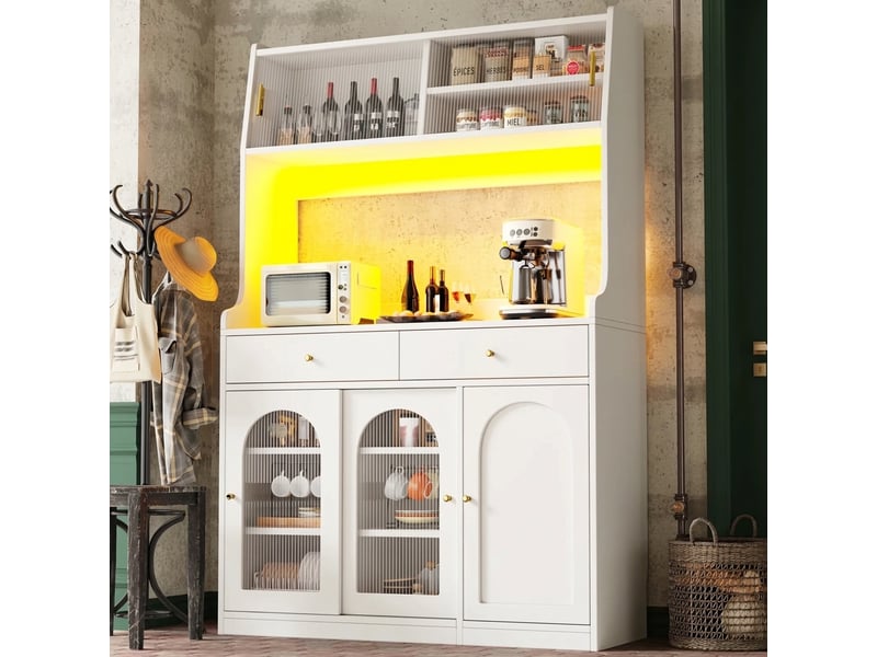  Buffet de cuisine armoire haute avec portes en verre, 2 tiroirs et éclairage led, 120x40x180 cm, blanc  - Conforama D