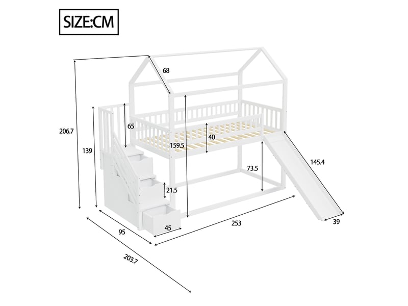  Lit mezzanine 90x200 cm, lit cabane avec toboggan et escalier de rangement, en bois, blanc, sans matelas  - Conforama C