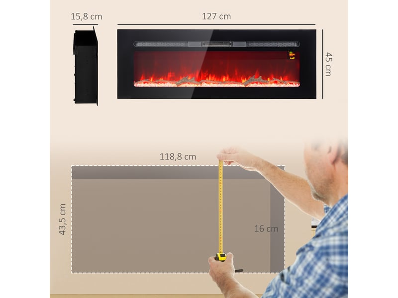  Cheminée électrique murale 1800 w, flammes led, télécommande, noire  - Conforama E