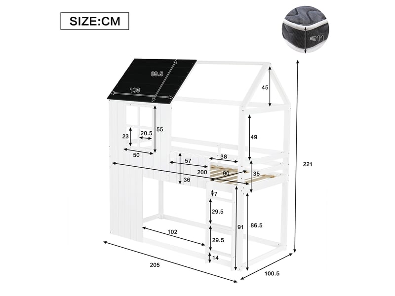  Lit mezzanine 90x200 cm forme maison avec escalier à trois marches en pin et mdf blanc et noir  - Conforama E