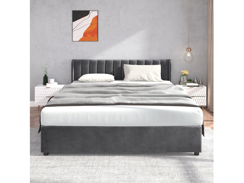  Lit double 180 x 200 cm en velours gris avec sommier, tête de lit et 2 tiroirs  - Conforama E