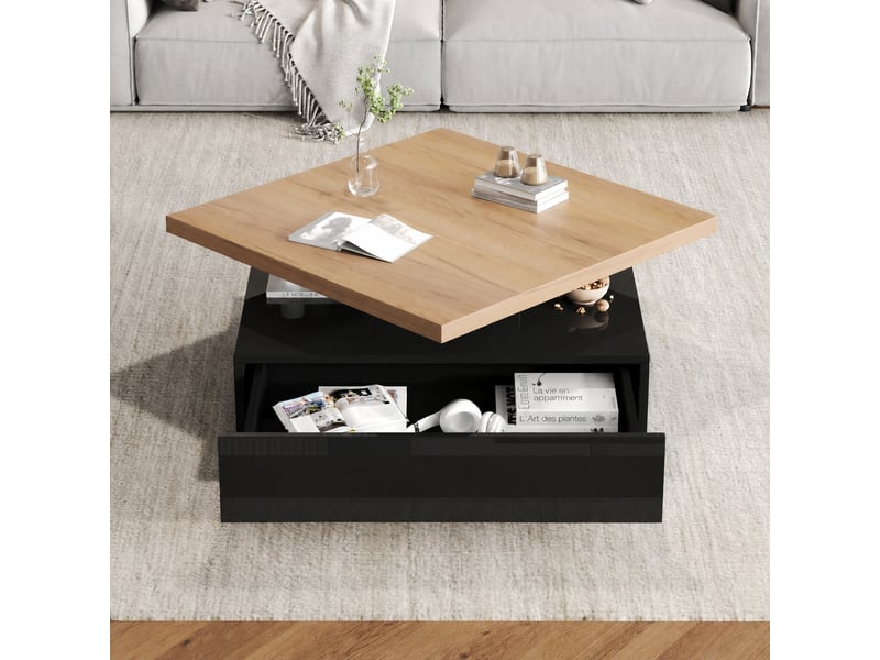  Table basse carrée pivotante à 360 degrés avec tiroir de rangement, 70 x 70 x 36 cm, noir et noyer  - Conforama C