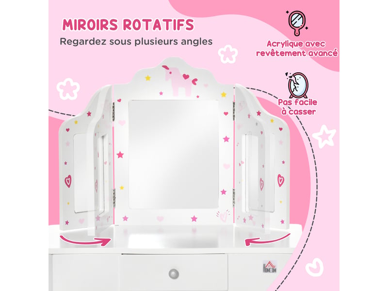 Coiffeuse enfant avec tabouret, miroir triptyque et tiroir coulissant - coiffeuse dim. 63l x 40l x 85,5h cm - Conforama R