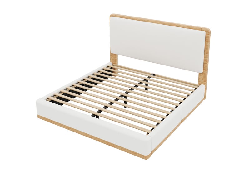  Lit double rembourré 140x200 - lit adulte avec tête de lit rembourrée - mdf+pu - tissu teddy - blanc+naturel (sans matelas)  - Conforama D
