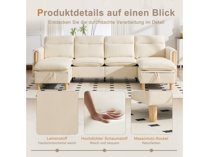 Canapé d'angle, canapé modulable, 4 places, en chenille, beige, adapté à l'espace de vie, pour salon - Conforama R