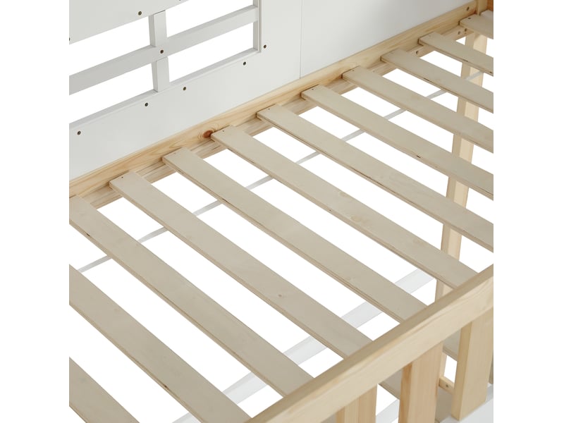  Lit mezzanine enfant 90 x 200 cm blanc et naturel, en pin et mdf, toit avec escalier à 5 marches  - Conforama E