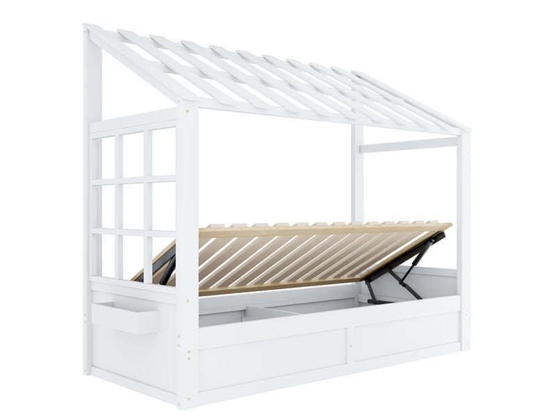  Lit coffre enfant 90x200 cm - lit avec rangement hydraulique et rangements latéraux - structure maison en bois - blanc  - Conforama E