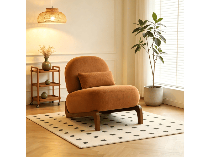  Fauteuil sans accoudoirs avec coussin et dossier arrondi pour salon et chambre, en velours, pieds en bois, caramel  - Conforama E