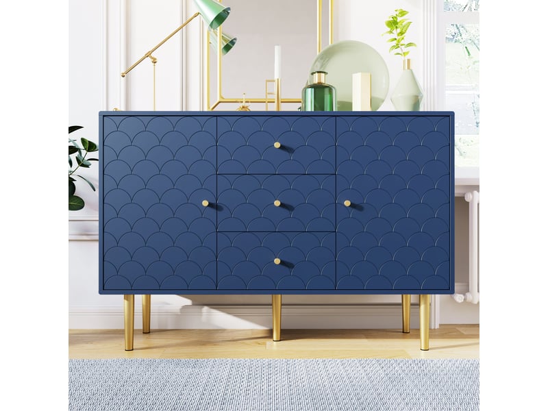  Buffet bahut salle à manger salon, 2 portes, 3 tiroirs, grand rangement, style élégant, 120x40x83 cm - bleu marine  - Conforama E