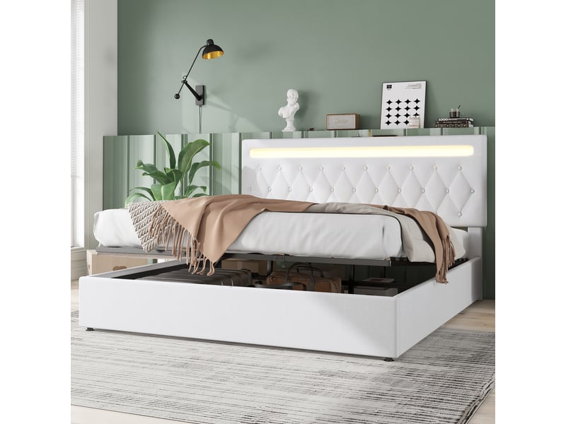  Lit 180x200 cm capitonné blanc coffre hydraulique led multicolore ports usb  - Conforama B