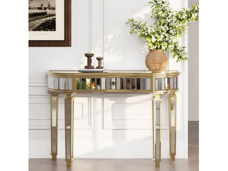  Console demi-lune à miroirs 120x38x78 cm avec tiroir, verre et mdf coloris doré et argenté  - Conforama D