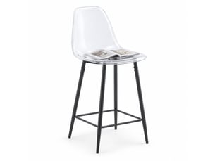 Tabouret de bar lot de 4 avec dossier et repose-pieds, structure métallique noire, plastique transparent