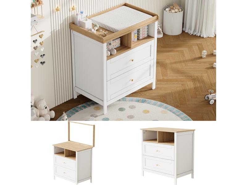 Table à langer avec commode, plateau amovible, tiroirs et niches, 82 x 50 x 90 cm, mdf blanc et naturel  - Conforama D