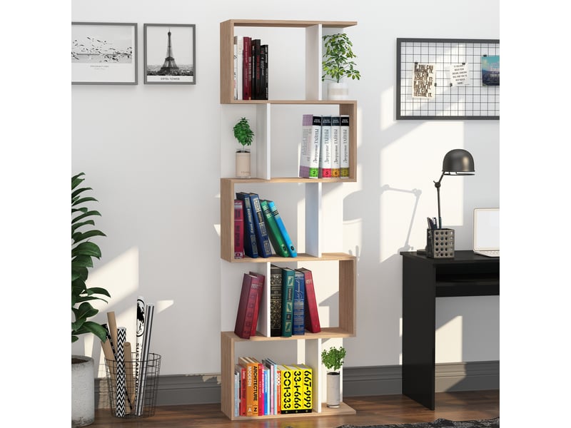  Étagère 5 niveaux en s, bois gain de place, séparation salonchambrebureau, bois et blanc, 60x24x184,5 cm.  - Conforama D