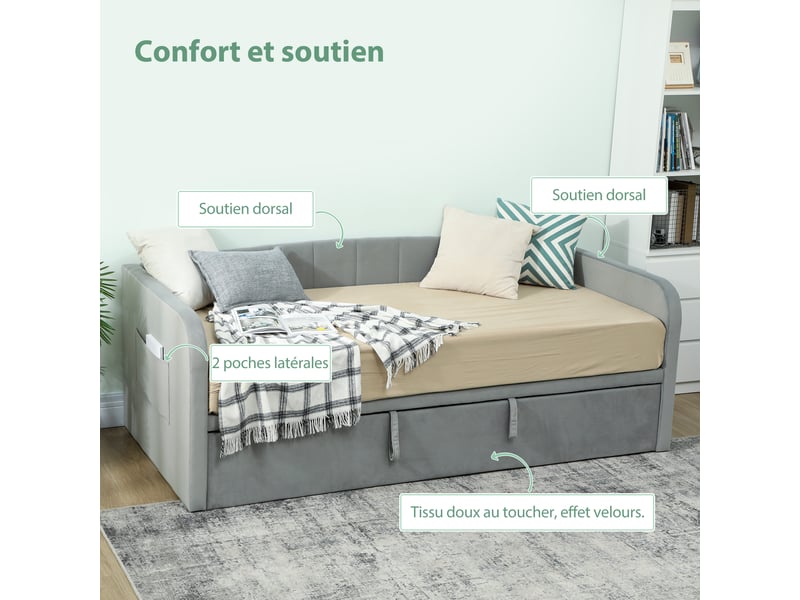 Lit gigogne 90180x190 cm, canapé lit convertible 3 places, tête rembourrée en velours, sommier à lattes en bois, gris - Conforama R