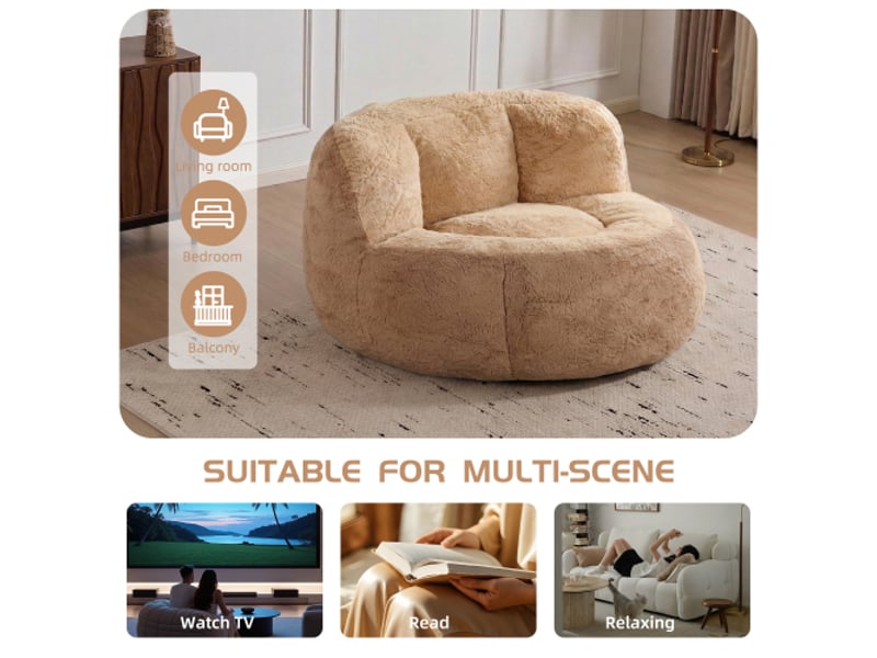  Pouf géant xxl en fausse fourrure – rembourrage en mousse déchiquetée – sans montage – marron et camel  - Conforama E