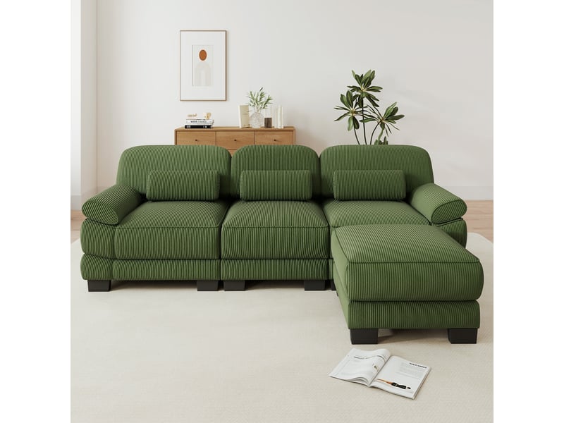 Canapé d'angle modulable - 3 places - forme l - 1 ottoman - coussins lombaires - velours côtelé - mobilier de salon - vert CozyNest - Conforama C