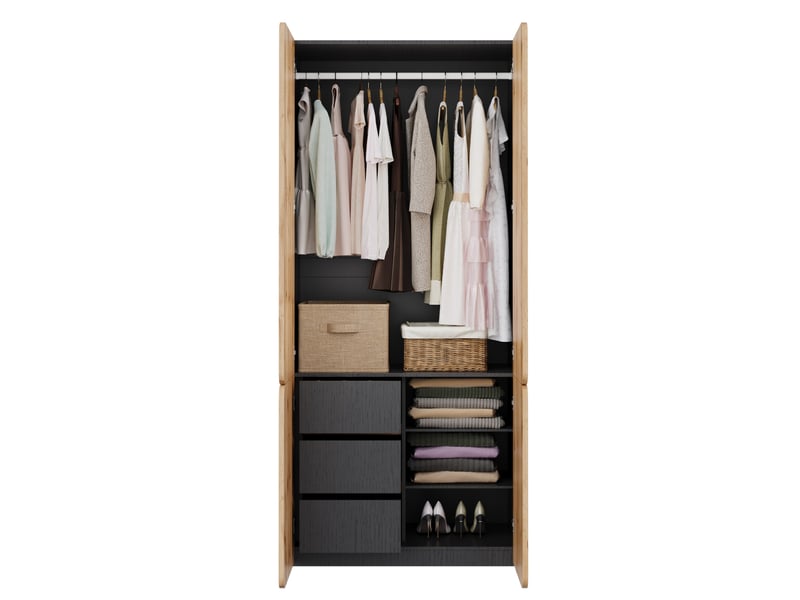  Armoire tcqpz 4 portes 90 x 50 x 200 cm avec penderie et 3 tiroirs aspect chêne  - Conforama A