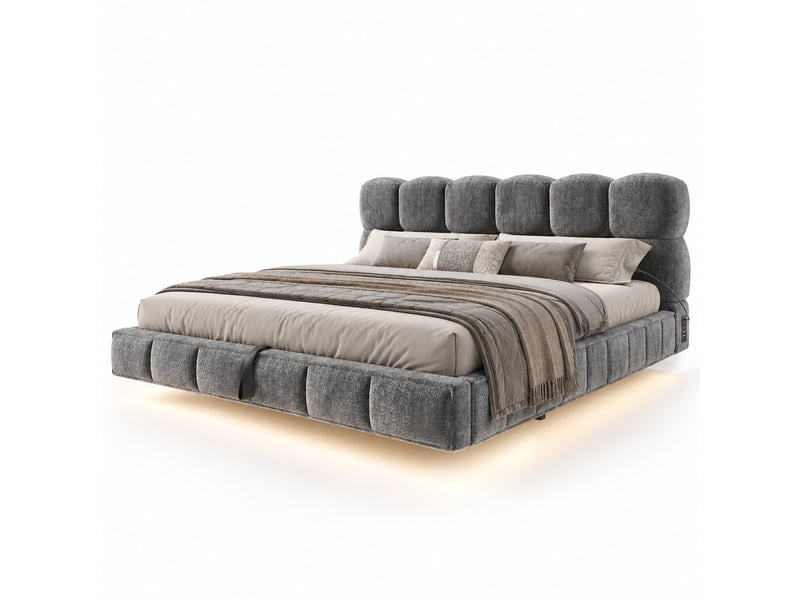  Lit double rembourré 140x190 cm effet suspendu, design nuage, rangement hydraulique, led, usbtype-c, chenille gris, sans matelas Fay Lum - Conforama A