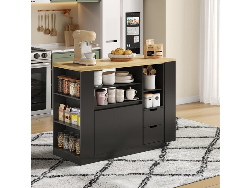  Îlot de cuisine 115x50x92 cm plateau pivotant et extensible mdf noir et naturel  - Conforama C