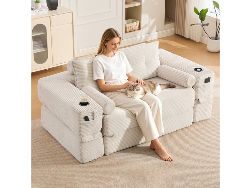 Canapé droit convertible 2 places en velours côtelé beige 180x98x80 cm, avec poches, porte-gobelet, salon séjour 180x98x80cm - Conforama B