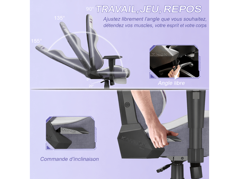  Fauteuil gaming ergonomique en tissu – dossier haut, style racing, réglable, appui-tête et lombaire, blanc et violet  - Conforama E