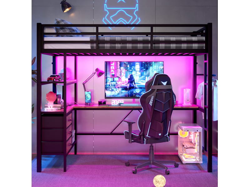 Lit mezzanine 90x200 cm, led ambiant, bureau avec prise et usb, 3 tiroirs, rangement, métal mdf, noir, sans matelas - Conforama B