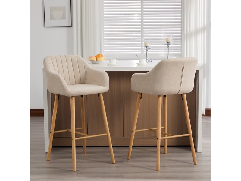 Lot de 2 tabourets de bar 58,5x55x104 cm, dossier haut, accoudoirs, meuble de cuisine, meuble de salon, tissu lin beige  - Conforama W