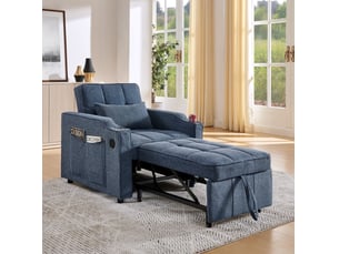 Canapé convertible 1 place avec dossier réglable 3 positions, ports usb et usb-c, porte-gobelet en acier, bleu marine