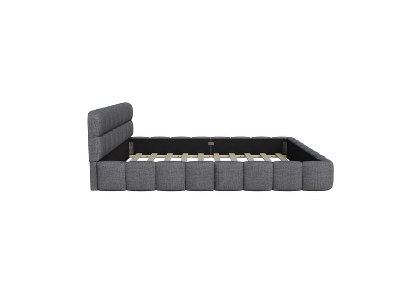  Lit adulte 140x190 à sommier à lattes, tête de lit capitonnée, cadre de lit rembourré en tissu lin, lit double design bulle, lit chambre sans matelas  - Conforama D