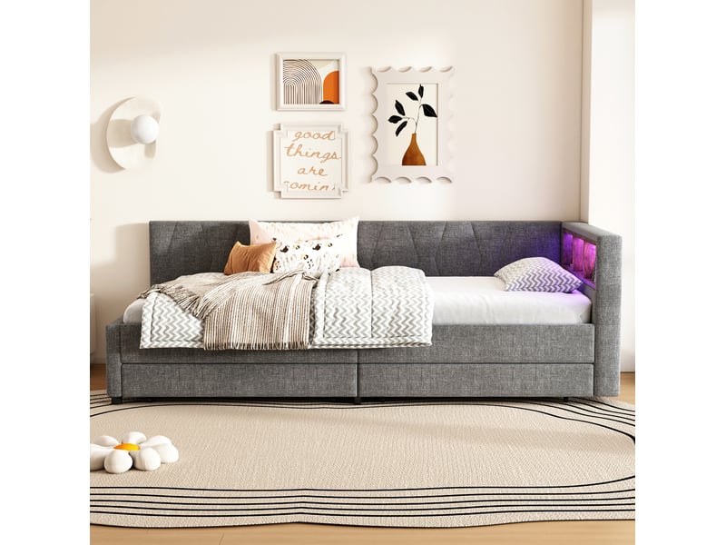  Modenvie lit banquette 90x200 cm - led télécommandée, usb-c et 2 tiroirs, sommier inclus, sans matelas - gris  - Conforama B
