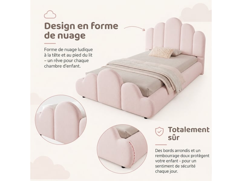  Lit enfant velours rose 90x200 cm - cadre capitonné design nuage avec sommier  - Conforama D