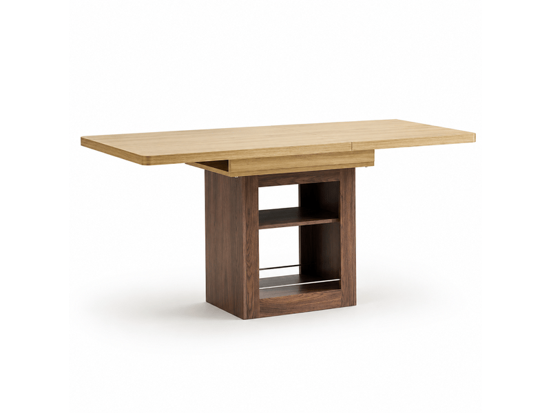  Table à manger extensible 130160x80cm - plateau mdf - rangements intégrés (2 étagères) - capacité 113kg - noyer et bois clair Bubbly Shop - Conforama A
