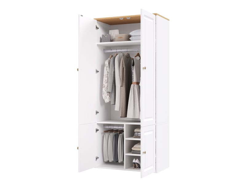  Armoire 90x50x200 cm mdf avec 2 tringles et 4 compartiments blanc et bois  - Conforama A