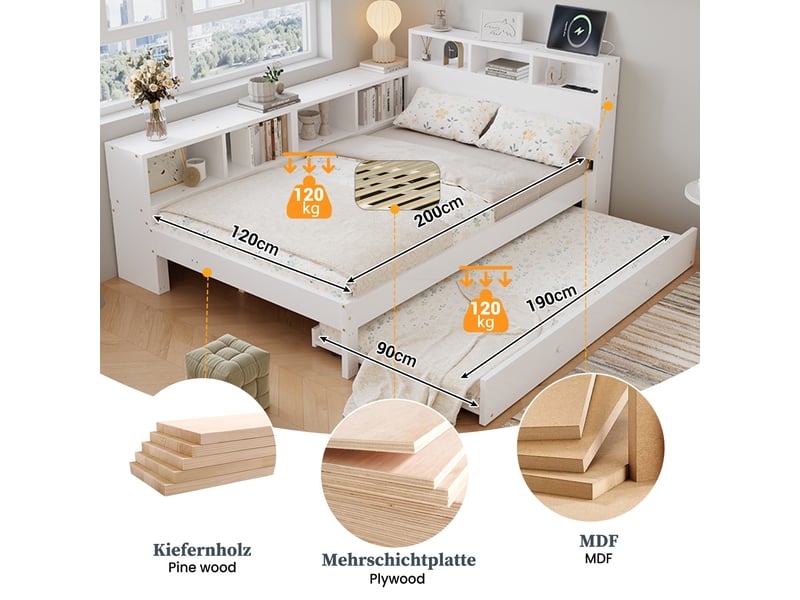 Lit enfant fonctionnel 120x200cm - lit gigogne 90x190 - étagère latérale - station charge - blanc Seren Glow - Conforama E