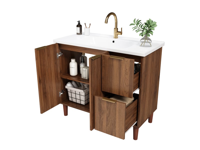  Meuble de salle de bain 91 cm avec vasque céramique, façades ondulées, noyer, sans robinet  - Conforama A
