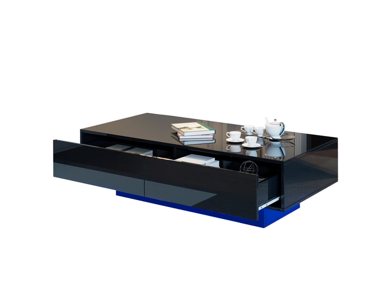  Table basse rectangulaire 115 x 55 x 34 cm avec éclairage led et 2 tiroirs de rangement, finition brillante, noir  - Conforama A