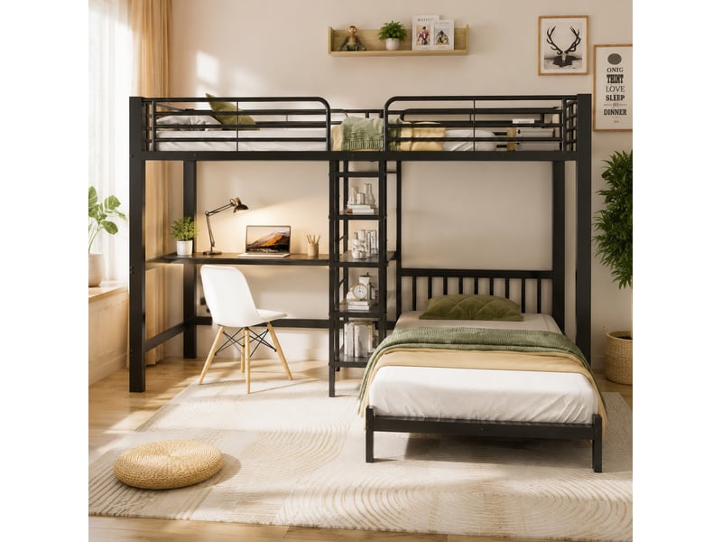  Lit mezzanine 2 couchages 90x200 cm noir avec bureau en l, rangements et prises usb, sans matelas  - Conforama D
