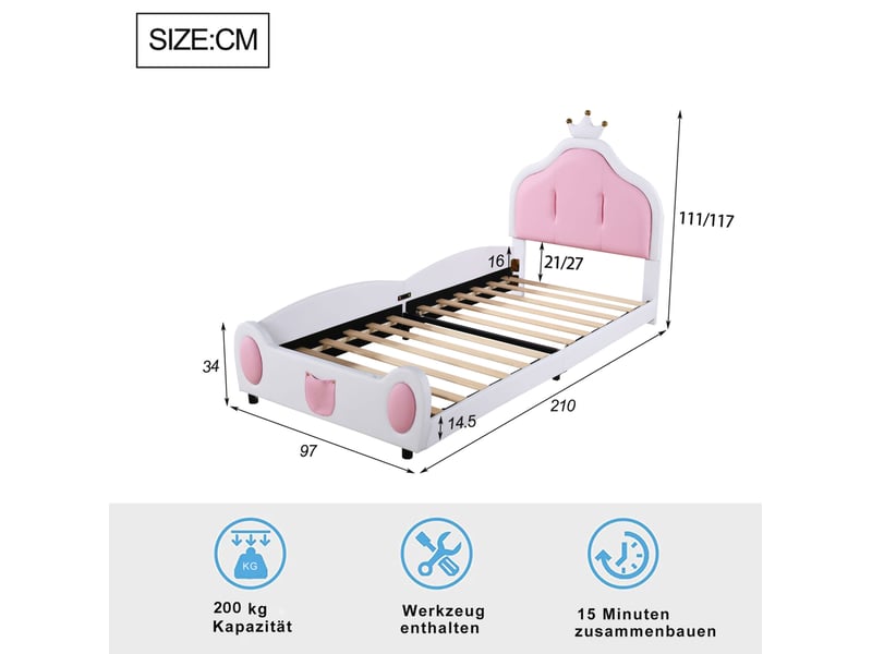  Lit rembourré enfant tcqpz 90 x 200 cm tête de lit couronne similicuir blanc rose  - Conforama C