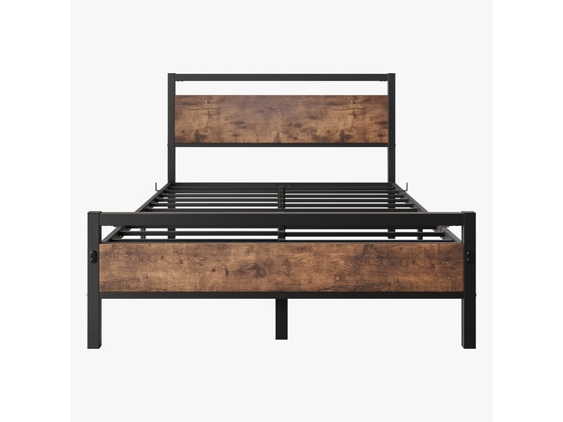 Lit double 140×200 cm avec rangement - okmyhome- tête et pied de lit, mdf et métal, sans matelas, brun antique  - Conforama A