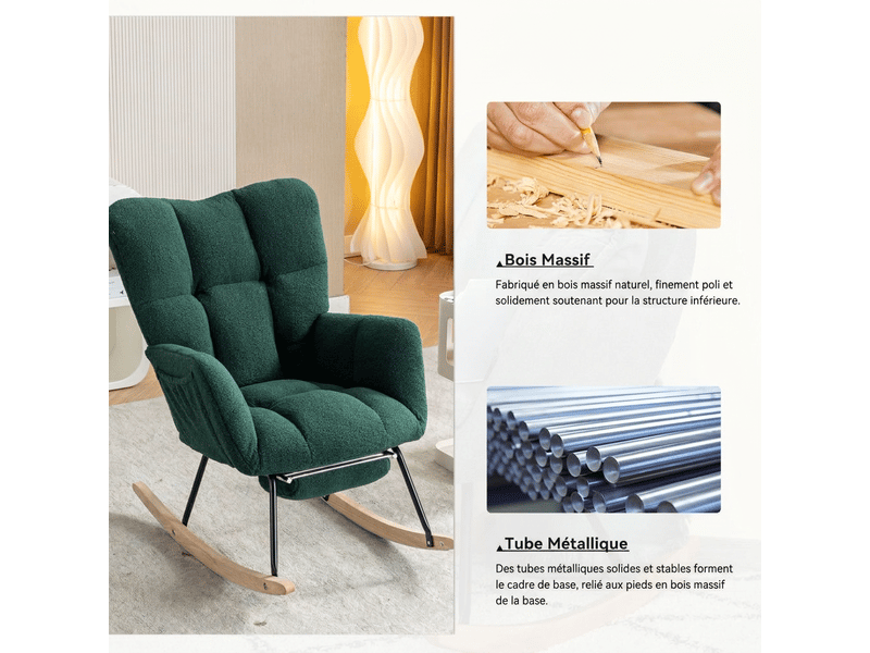  Fauteuil à bascule vert en tissu bouclette avec repose-pieds, fauteuil relax ergonomique moderne pour salon chambre  - Conforama E