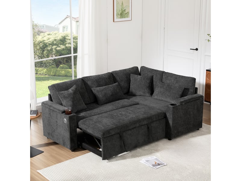  Canapé d'angle, canapé convertible, gris, porte-gobelets, usb, pour salon et séjour, adapté à l'espace de vie  - Conforama C