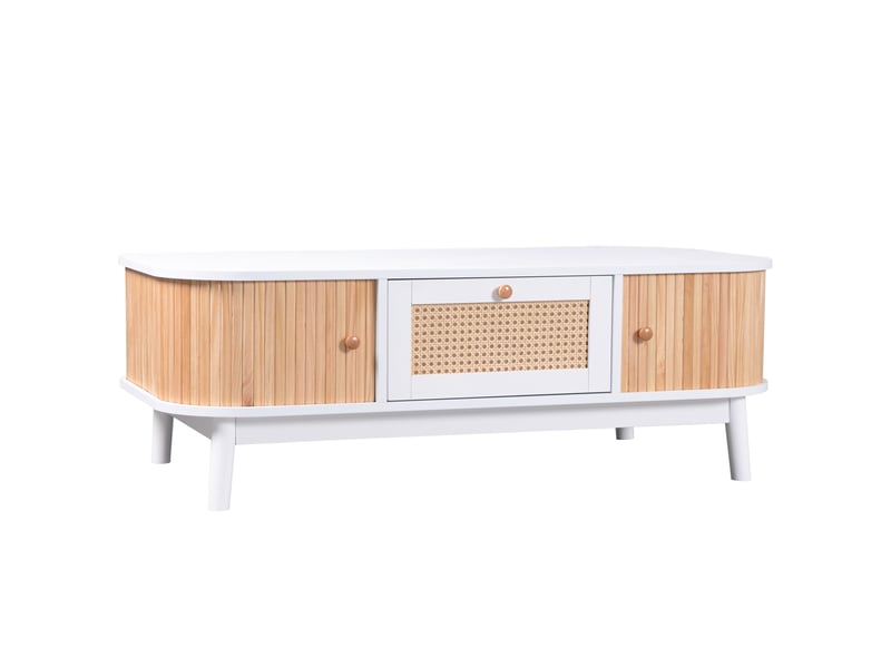 Table basse - table basse en rotin, tiroirs en rotin et portes coulissantes à lattes de bois massif, pieds en bois massif, style champêtre naturel. - Conforama D